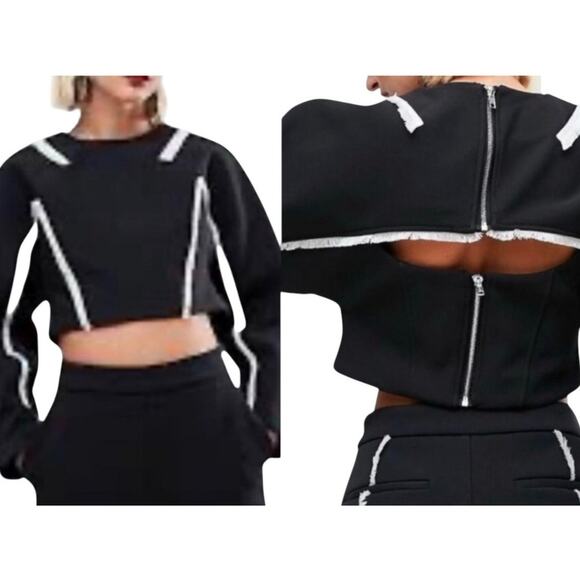 ASOS Black Scuba Crop Top With White Fringe Detail Zip Keyhole Back Size 12 - Picture 1 of 11
